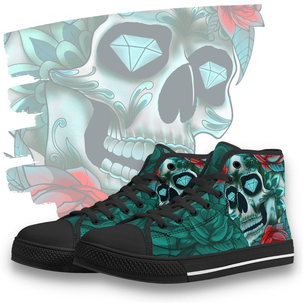 Diamond Rose Sugar Skull High Tops Kickitink Black Feature