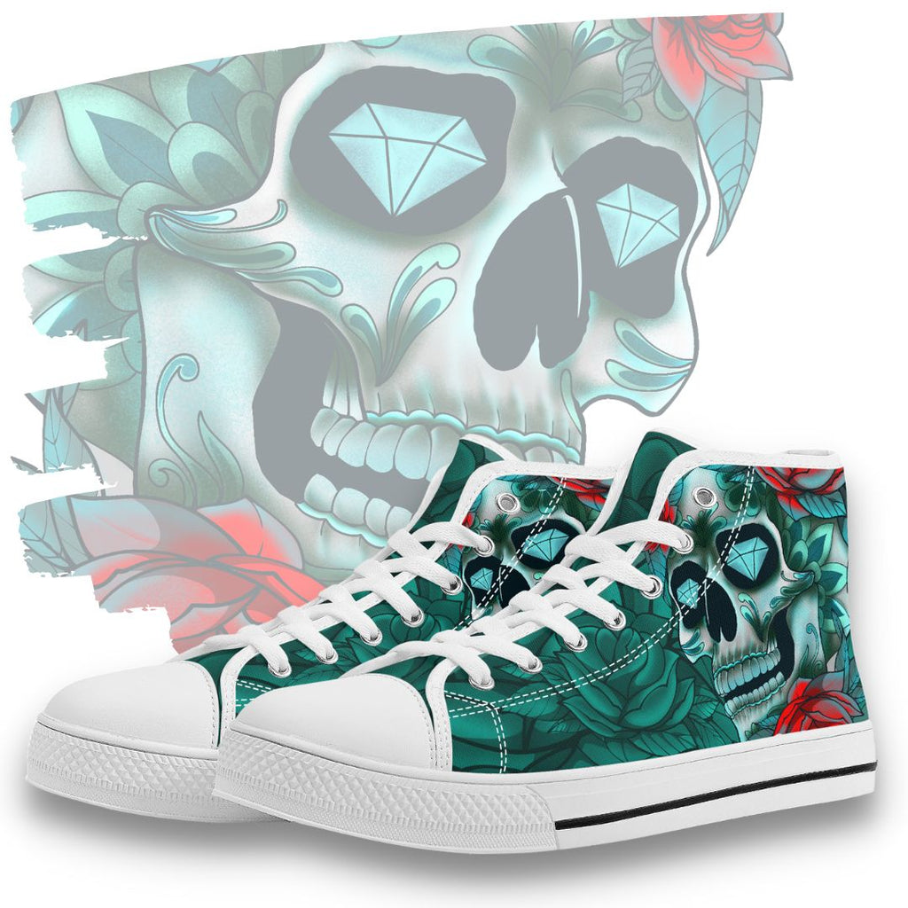 Diamond Rose Sugar Skull High Tops Kickitink White Feature