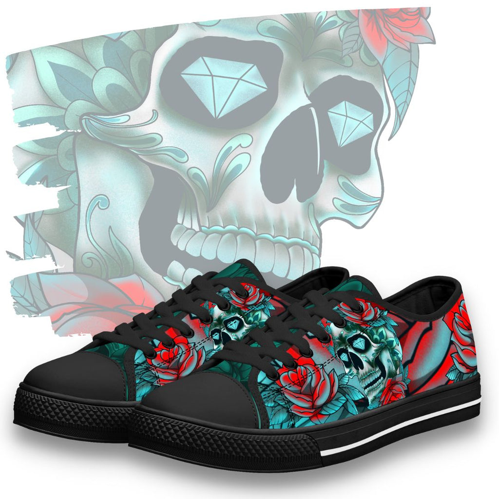 Diamond Rose Sugar Skull Low High Tops Kickitink Black Feature