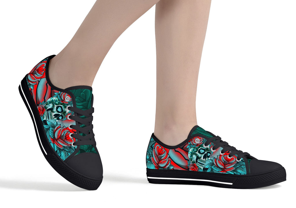 Diamond Rose Sugar Skull Low High Tops Kickitink Black 5