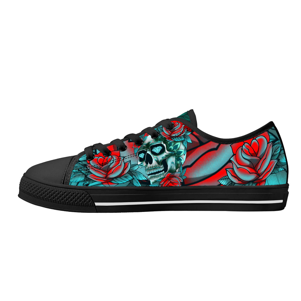 Diamond Rose Sugar Skull Low High Tops Kickitink Black 1