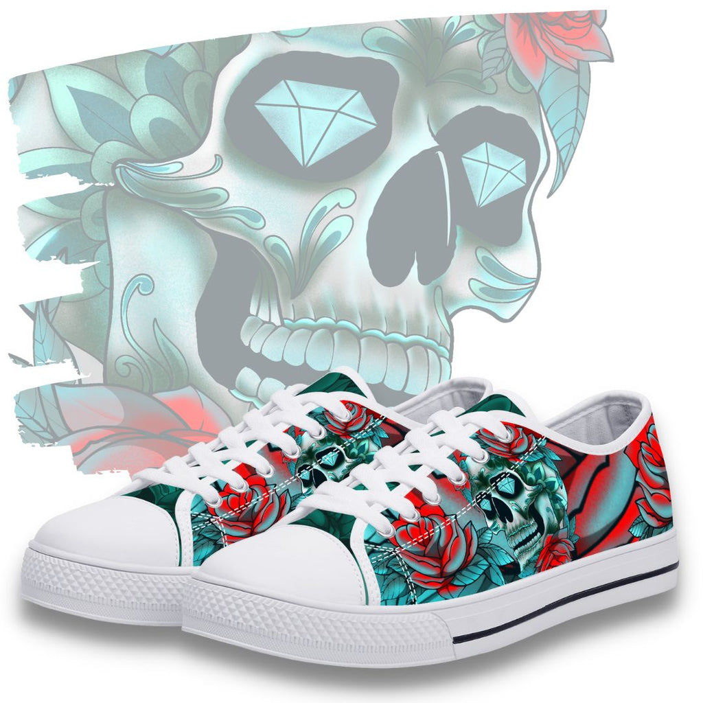 Diamond Rose Sugar Skull Low Top White Kickitink Feature